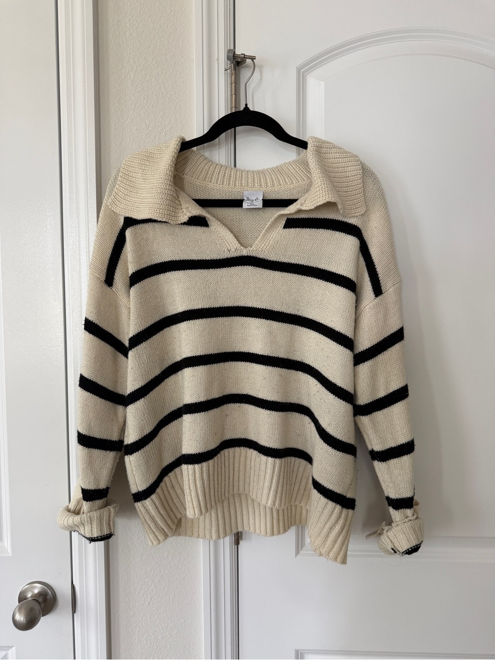 Cozy Co - Cream and Black Striped Collared Knit Sweater